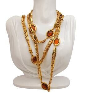 Emmons Long Necklace Gold Tone Brown Topaz Glass Oval Station Layering Chain 55"